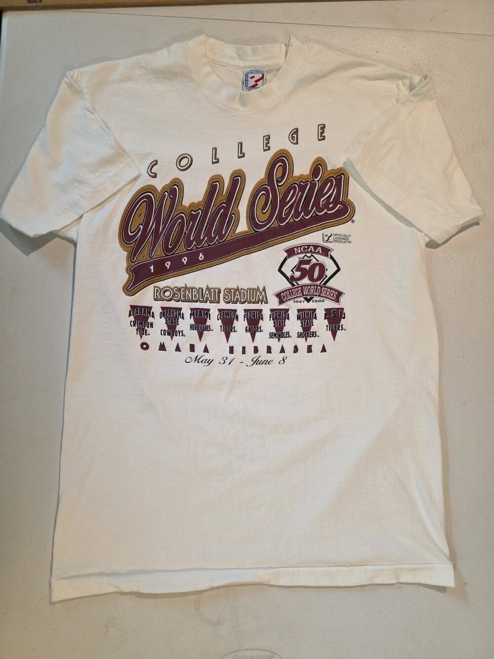 Vintage 1996 NCAA College World Series 50th Anniversary T Shirt White Omaha USA